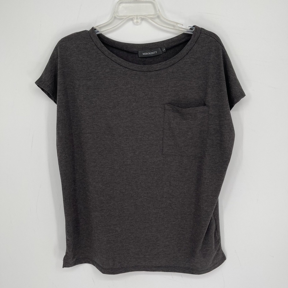 MEROKEETY Women's Charcoal Gray Pocket Dolman Sleeve Stretch Tee T-Shirt Size L